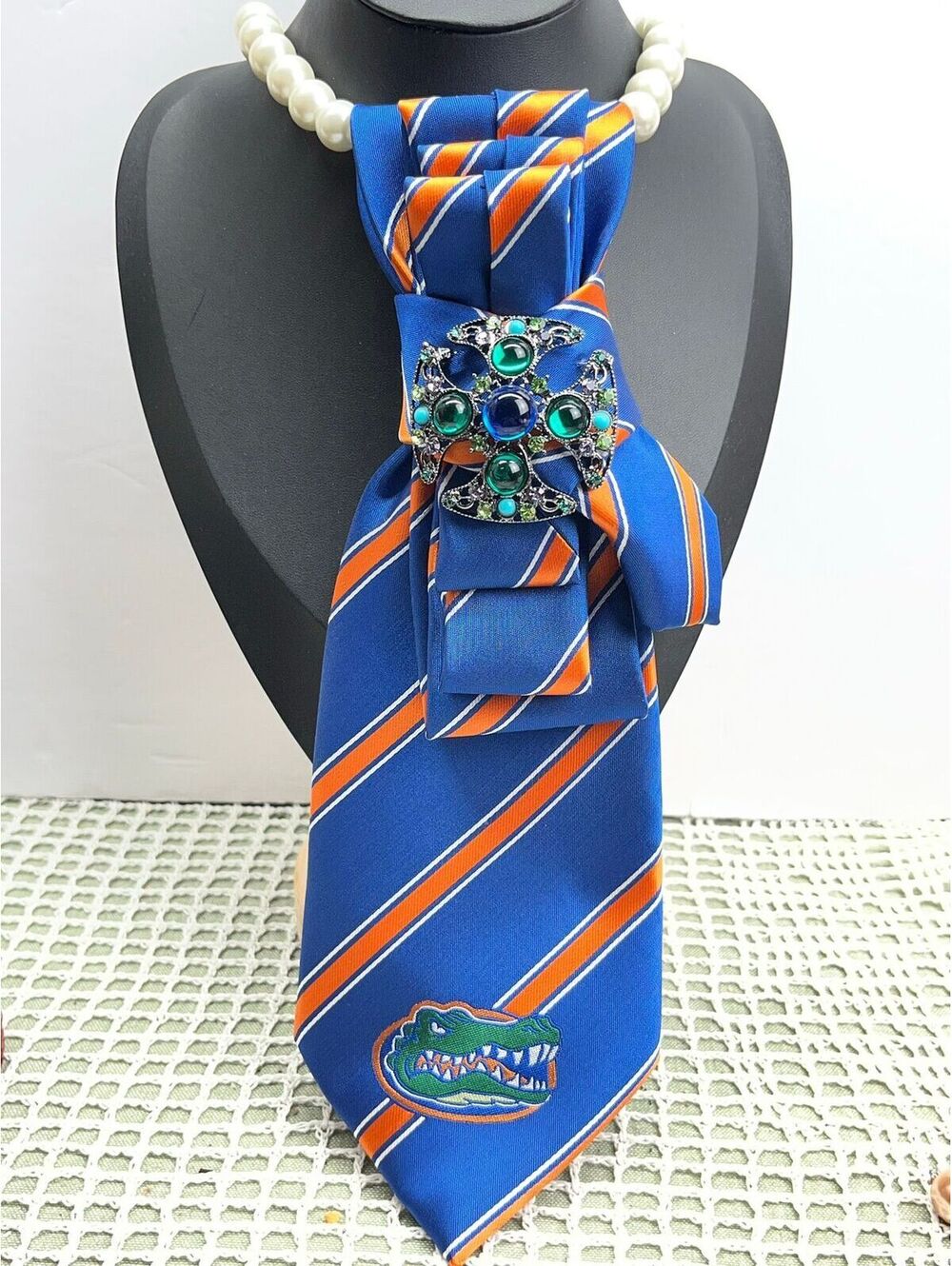 #538 Neck Tie Necklace Florida Gators Theme Blue & Orange Football Game Maltese